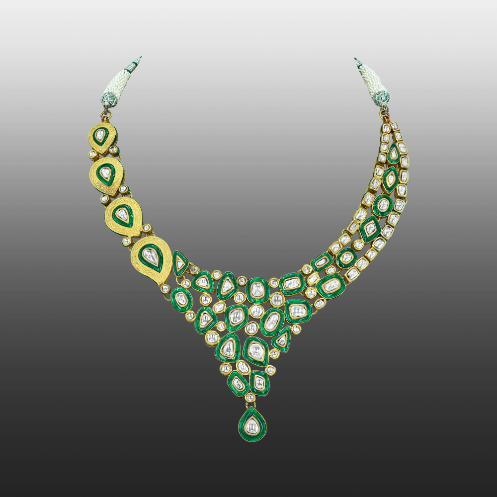 Cascading Polki Necklace with Green Enamel and Teardrop Center